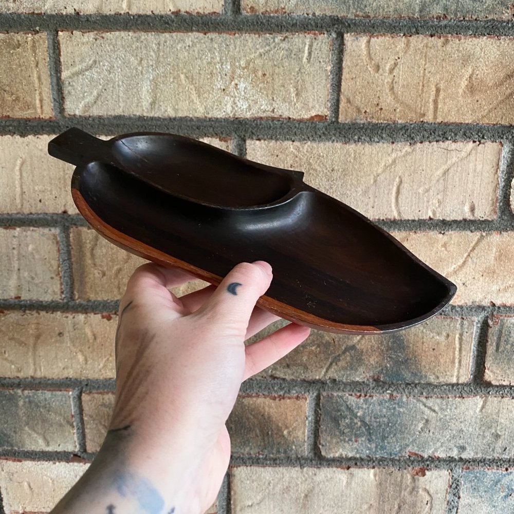 2 PC Two Toned Sectioned Wooden Leaf Trinket Trays - Picture 4 of 11